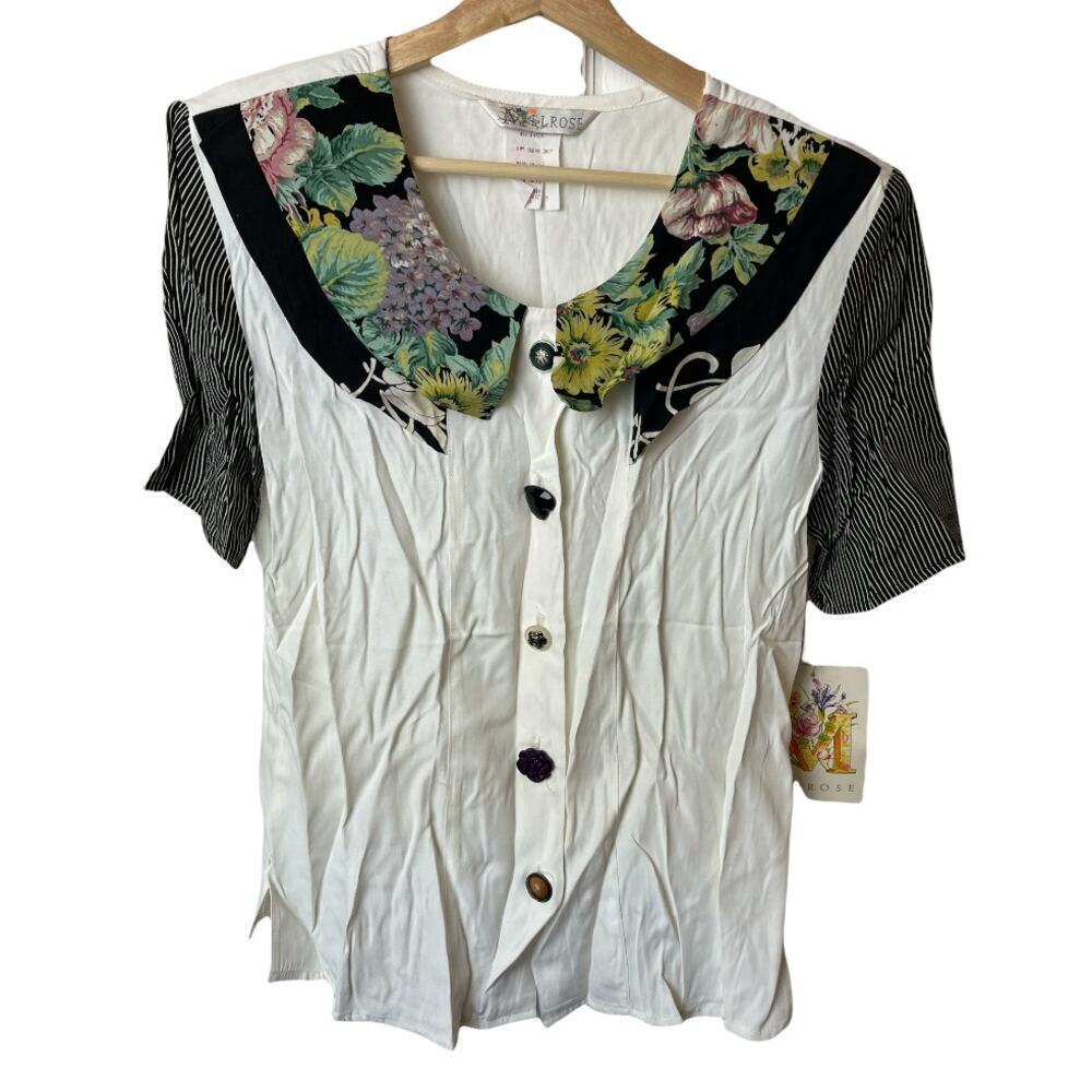 Vntg Melrose White Short Sleeve Chelsea Collar Floral Print Blouse Women's 6 NWT